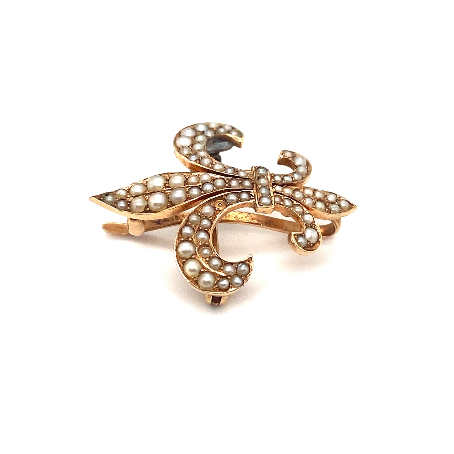 Circa 1890s French Fleur de Lis Seed Pearl Brooch in 14K Gold