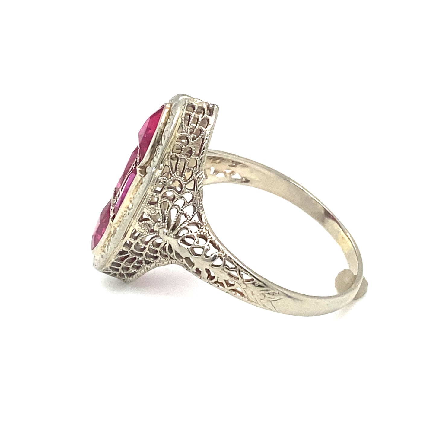 Circa 1920s Art Deco Simulated Ruby Cocktail Ring in 14K White Gold