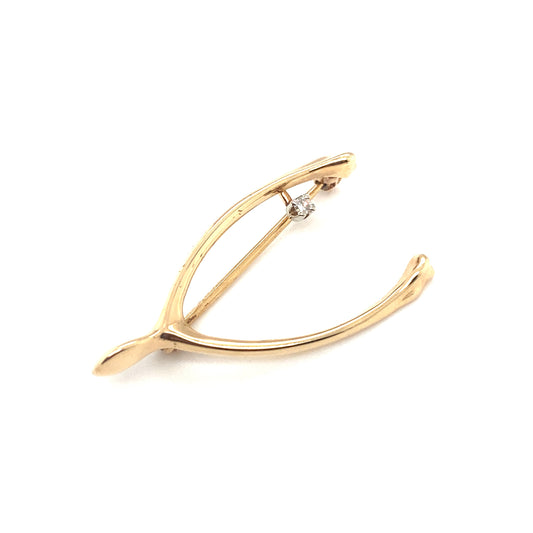 Circa 1960s Diamond Wishbone Lucky Charm Brooch in 14K Gold