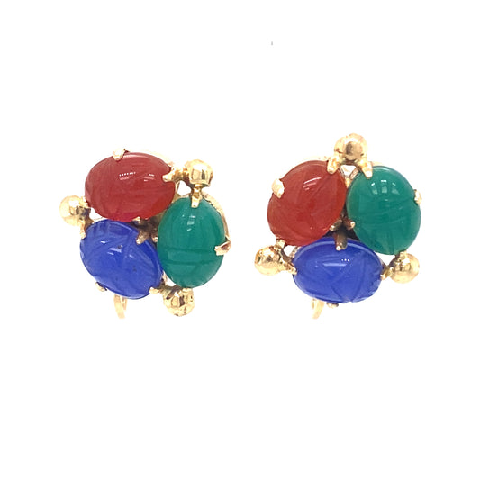 Circa 1950s Multi Gemstone Carved Scarab Screw Back Earrings in 14K Gold