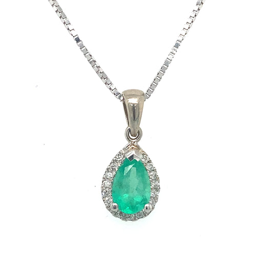 0.88ct Pear Cut Emerald and Diamond Pendant Necklace in 14K White Gold