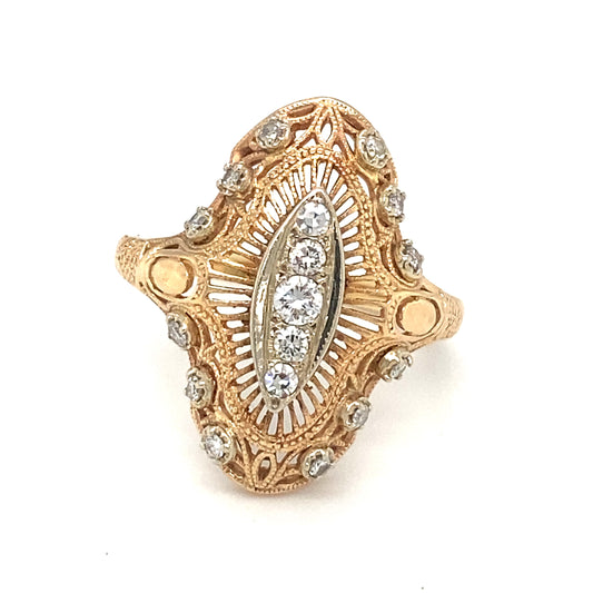 Circa 1930s Art Deco Two Tone Diamond Cocktail Ring in 14K Gold