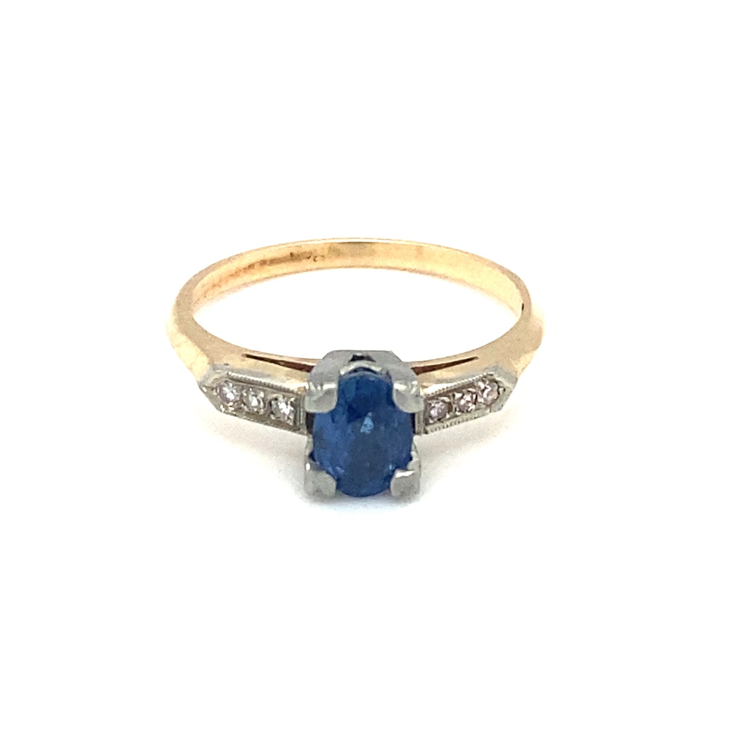 Circa 1920s 1.0ct Oval No Heat Sapphire and Diamond Ring in Two Tone Gold