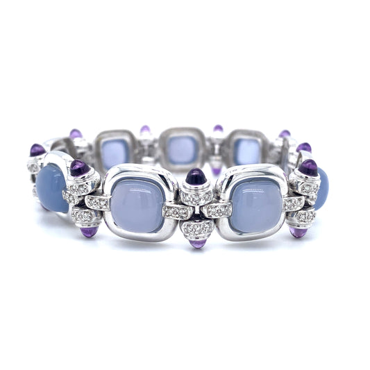 Italian Chalcedony and Amethyst Bracelet with Diamonds in 14K White Gold