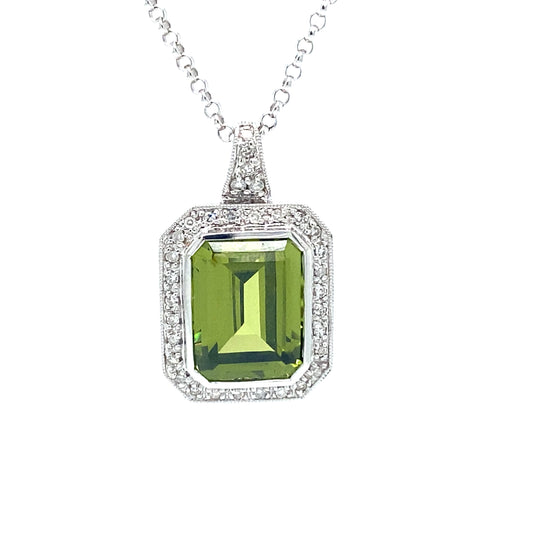 Circa 2000s Peridot Halo Pendant with Diamonds in 14K White Gold