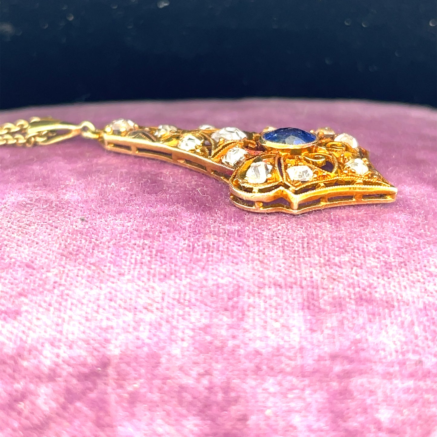 Yellow Gold Edwardian Sapphire & Old Miner Cut Diamond Pendant & Chain