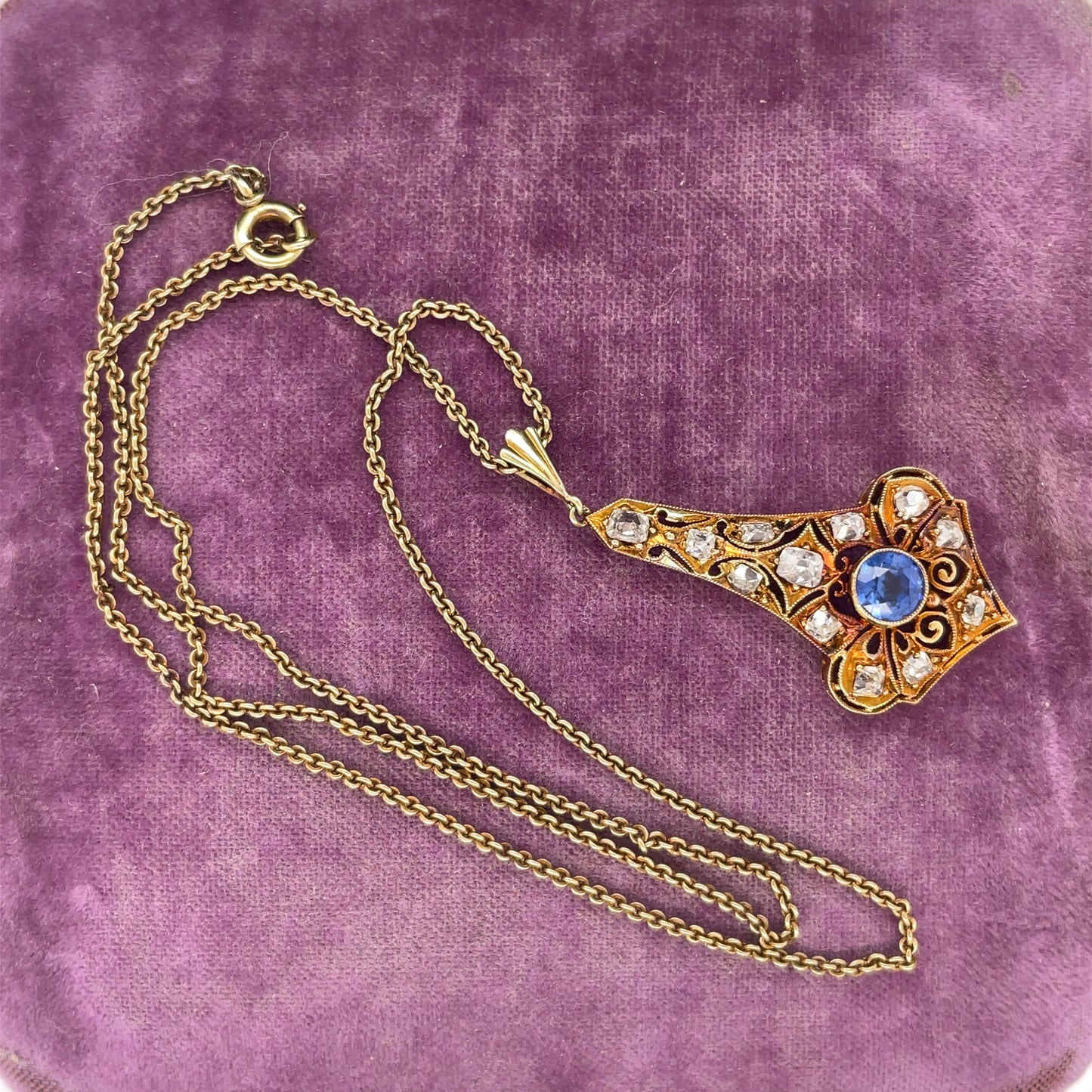 Yellow Gold Edwardian Sapphire & Old Miner Cut Diamond Pendant & Chain