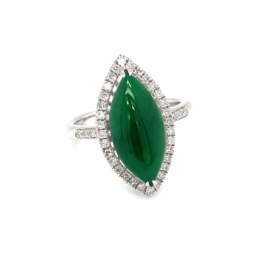 Italian Marquise Jade and Diamond Halo Ring in 18K White Gold