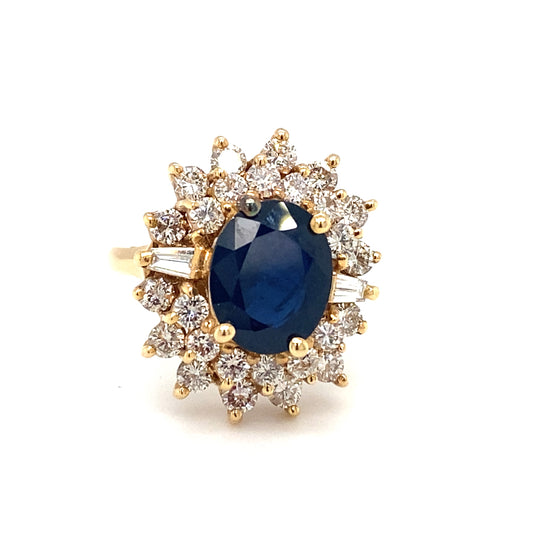 Circa 1980s 2.5ct Oval Sapphire and Diamond Cocktail Ring in 14K Gold