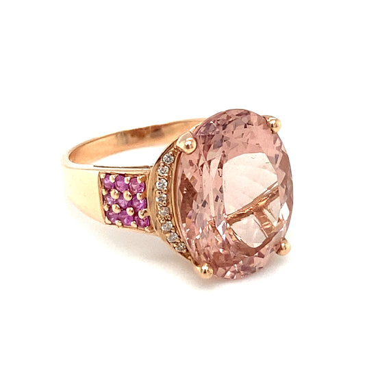Circa 2000s 4.0ct Oval Morganite and Ruby Cocktail Ring in 14K Rose Gold