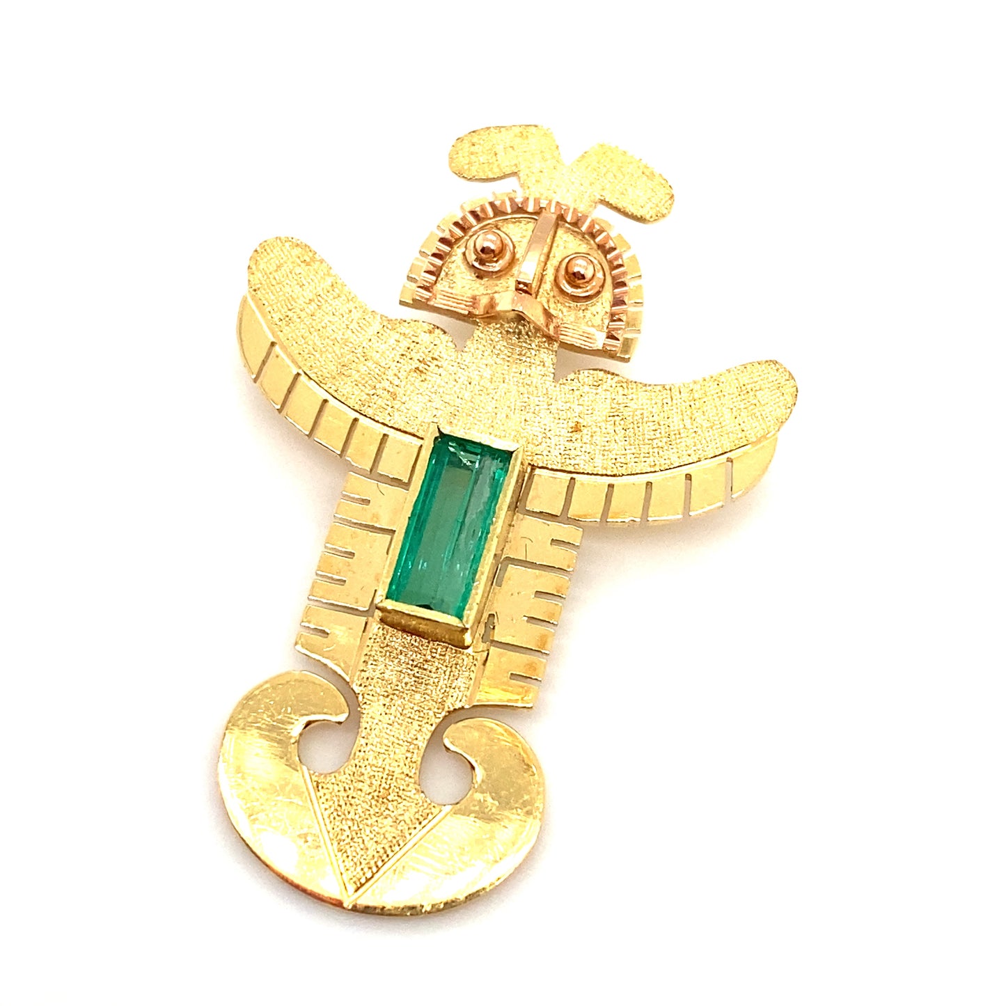 Circa 1980s Mayan Goddess Pendant with Colombian Emerald in 18K Gold