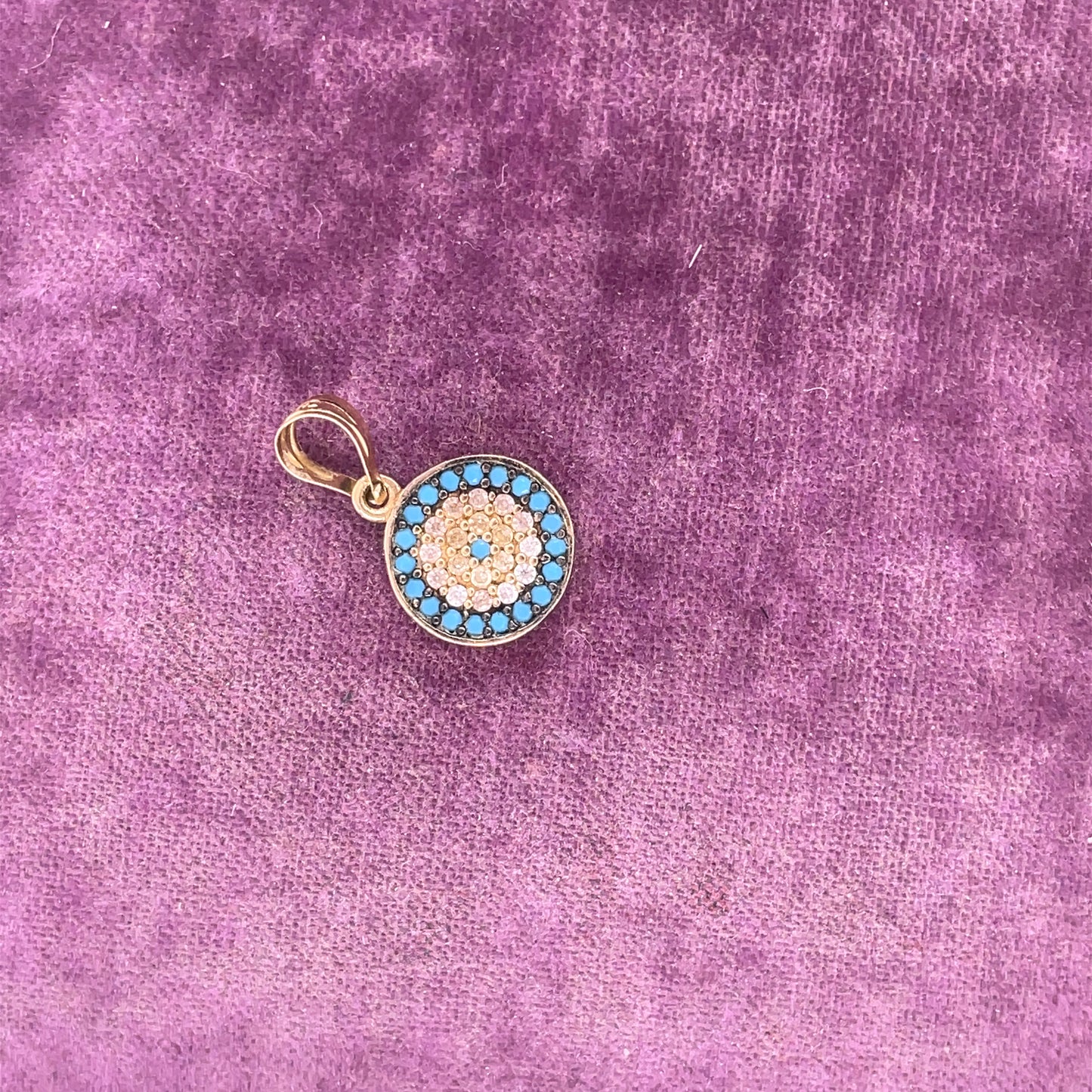 Vintage 14K Yellow Gold Double Sided Evil Eye Pendant w/ Sapphires, Turquoise and Diamond
