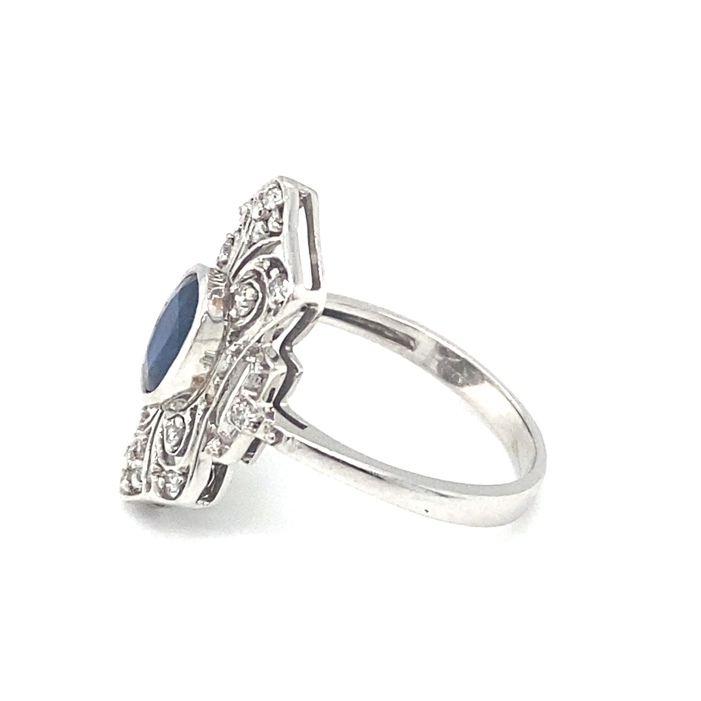 Circa 1950s Art Deco Style Sapphire and Diamond Cocktail Ring in 14K White Gold