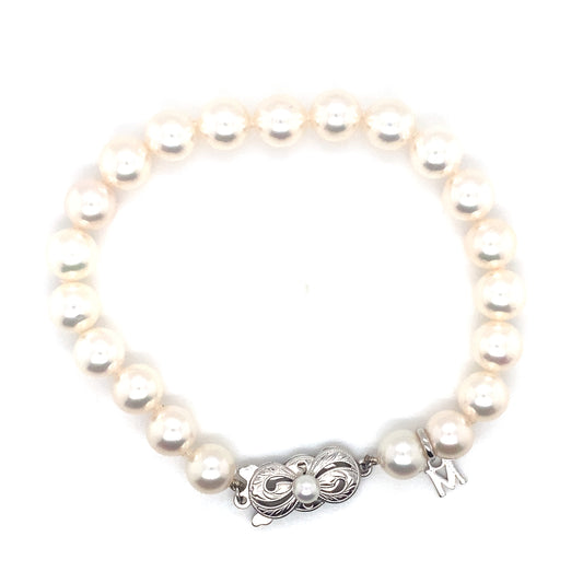 MIKIMOTO Akoya Pearl Bracelet with M Charm with 18K White Gold Clasp