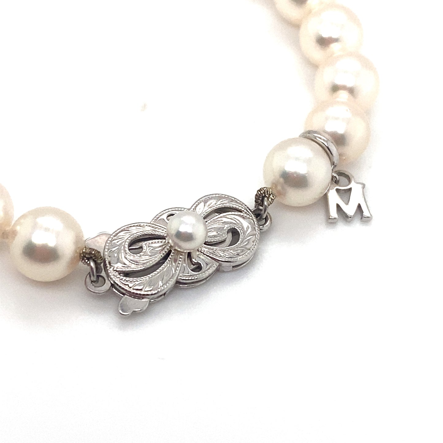 MIKIMOTO Akoya Pearl Bracelet with M Charm with 18K White Gold Clasp