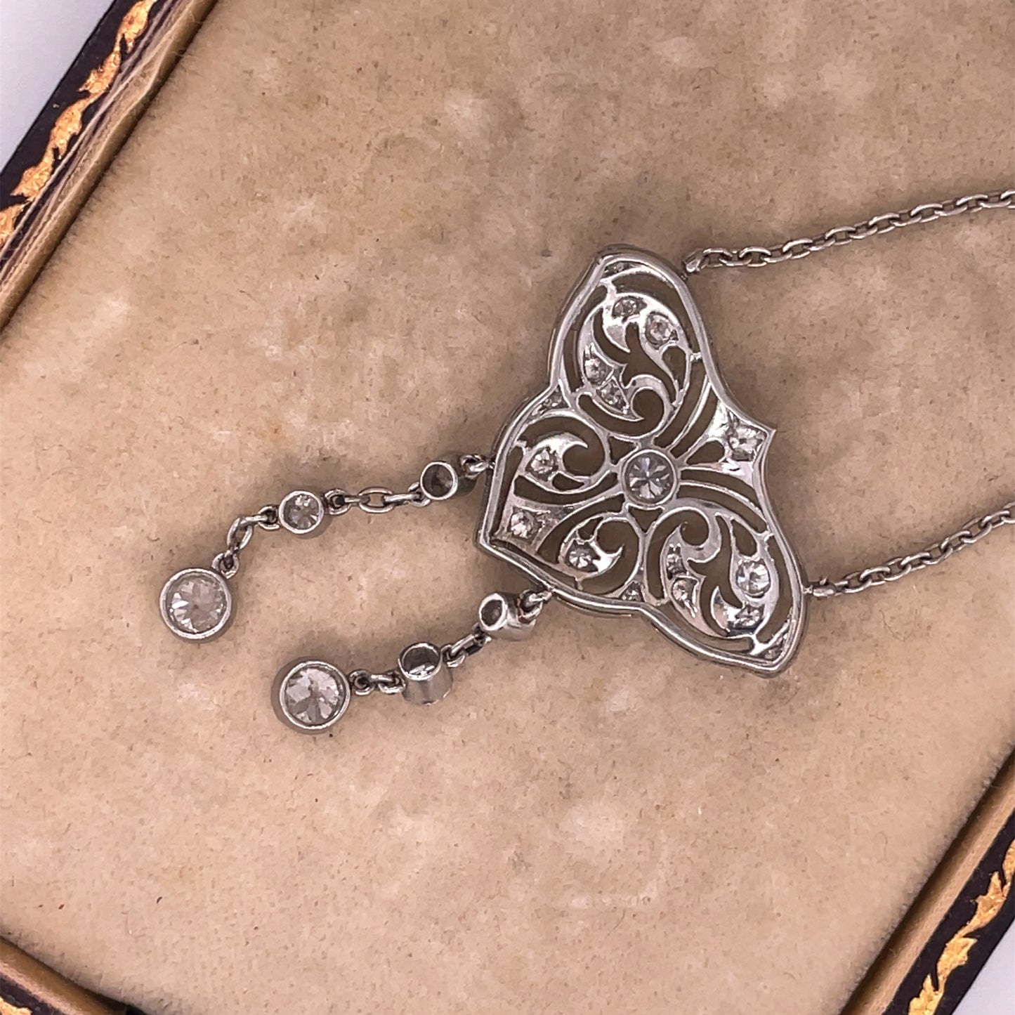 1920s Platinum Art Deco Filigree Old European Cut Diamond Drop Necklace