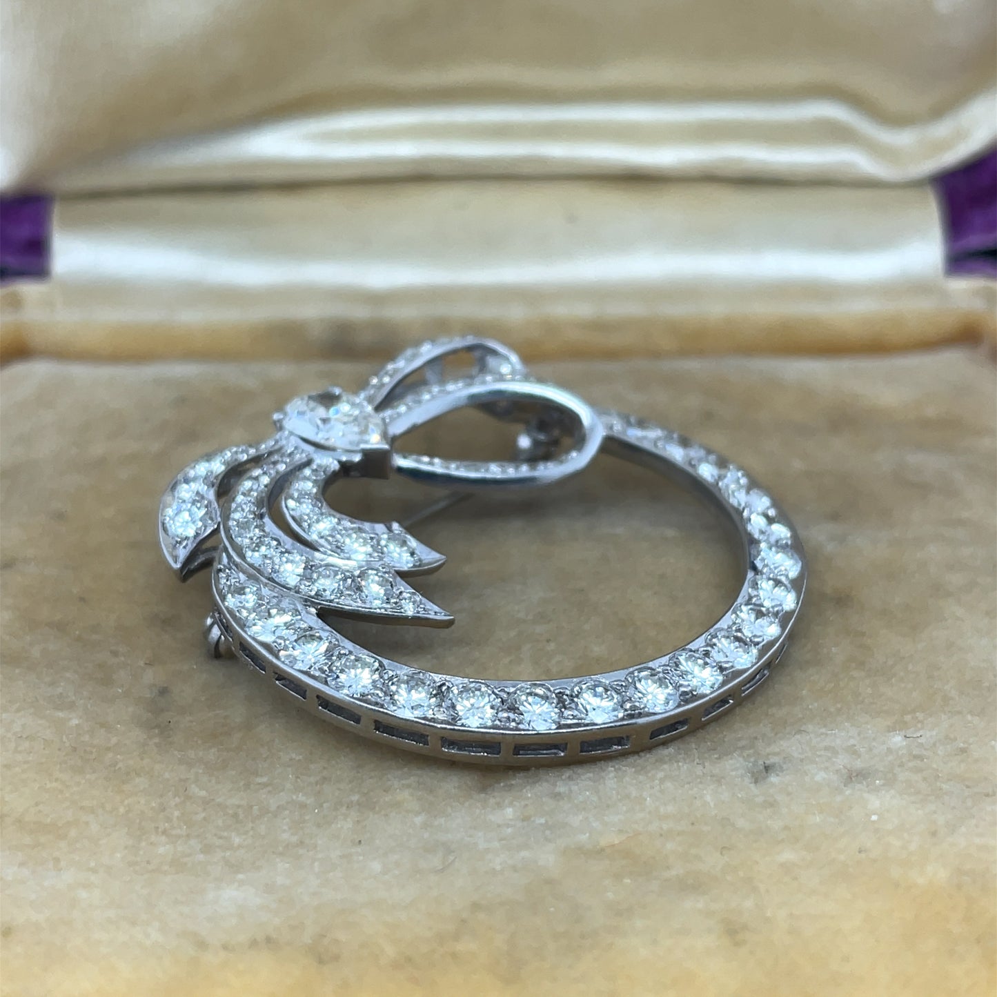 Platinum 1940s GIA Pear Shape & Round Diamond Ribbon Brooch