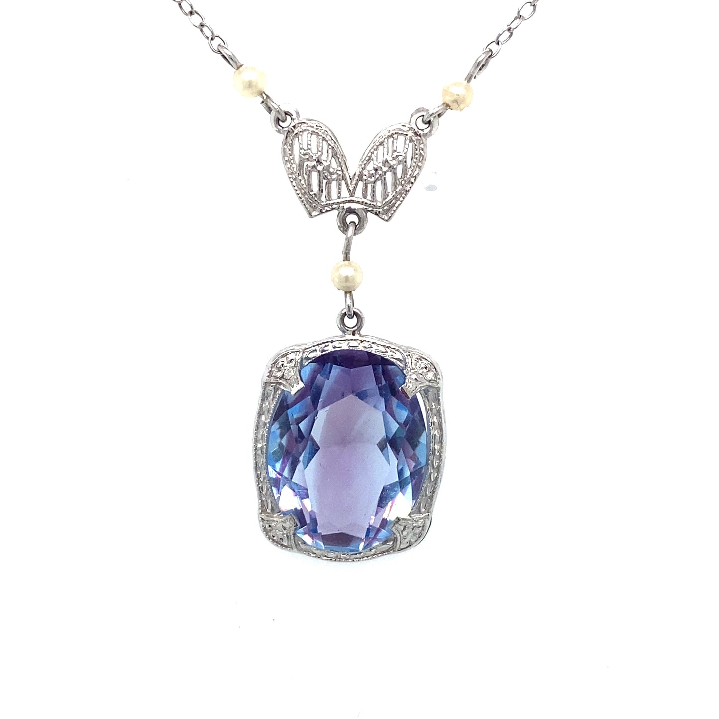Circa 1910s Amethyst and Pearl Filigree Lavaliere Necklace in White Gold