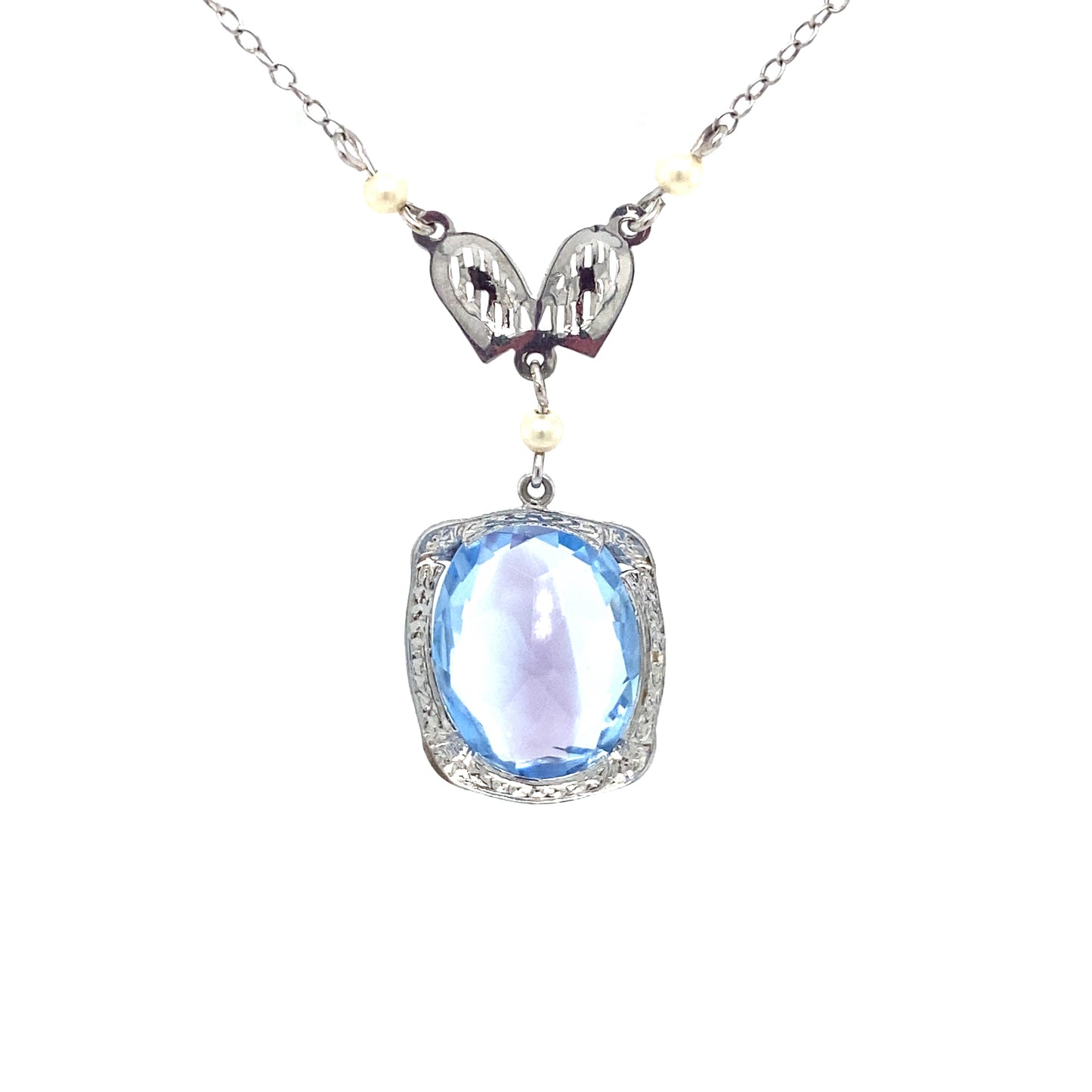 Circa 1910s Amethyst and Pearl Filigree Lavaliere Necklace in White Gold