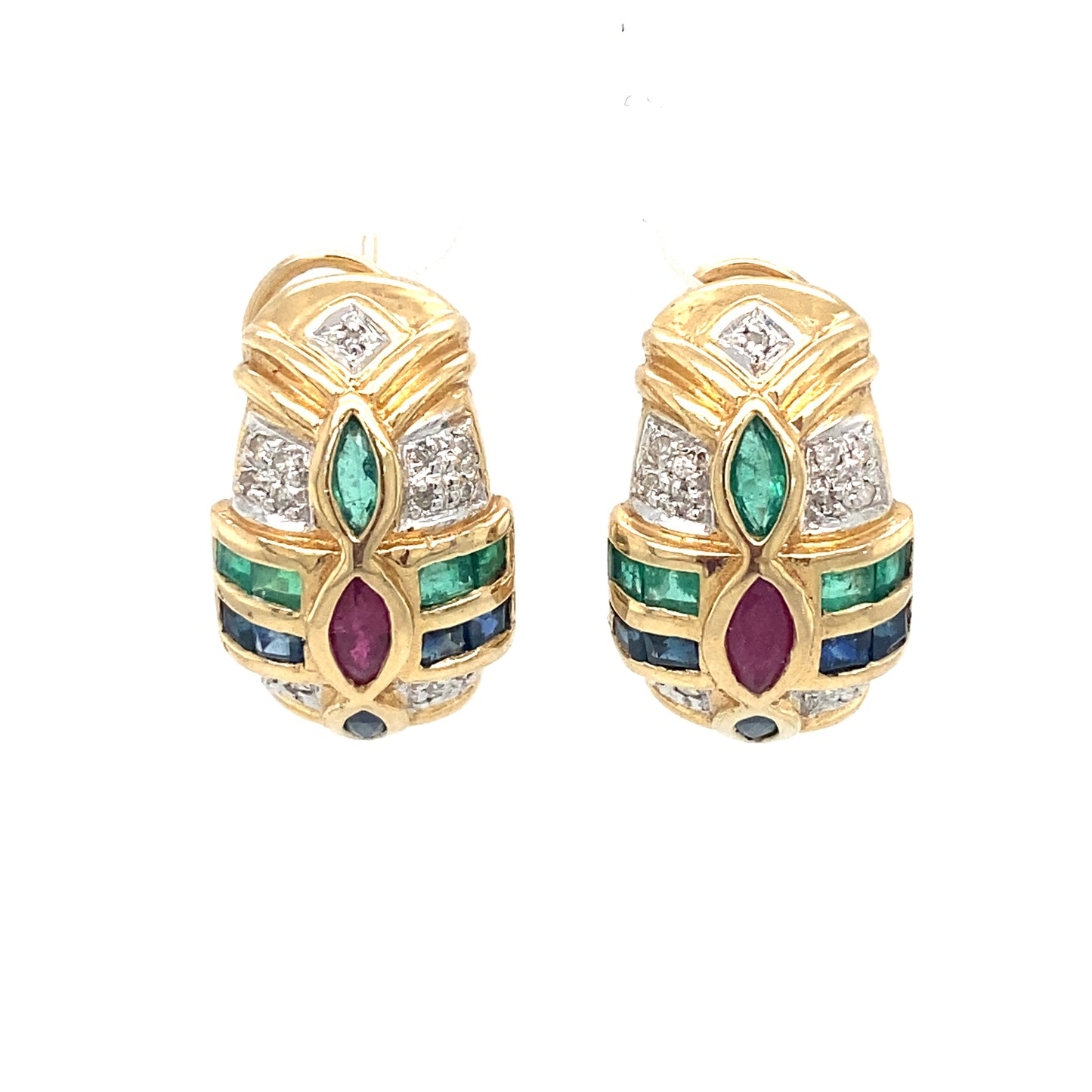 Circa 1950s Tutti Frutti Diamond, Emerald, Sapphire & Ruby Earrings in 14K Gold