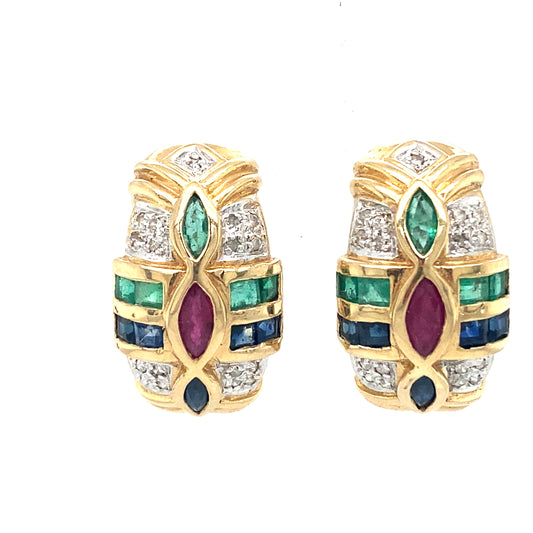 Circa 1950s Tutti Frutti Diamond, Emerald, Sapphire & Ruby Earrings in 14K Gold