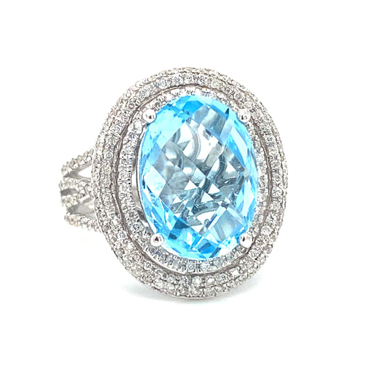 Circa 2000s Large Oval Blue Topaz and Diamond Cocktail Ring in 14K White Gold