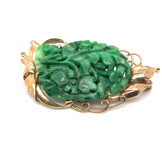 Victorian Carved Green Jade Brooch with Leaf Design in 14K Gold