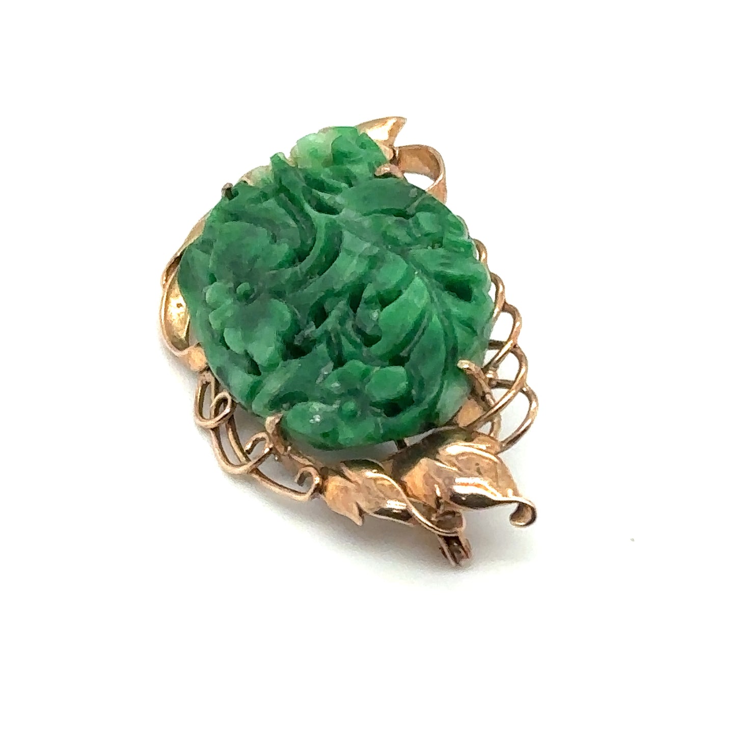 Victorian Carved Green Jade Brooch with Leaf Design in 14K Gold
