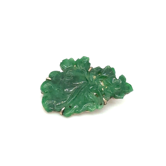 Victorian Era Asian Carved Green Jade Brooch in 14K Gold