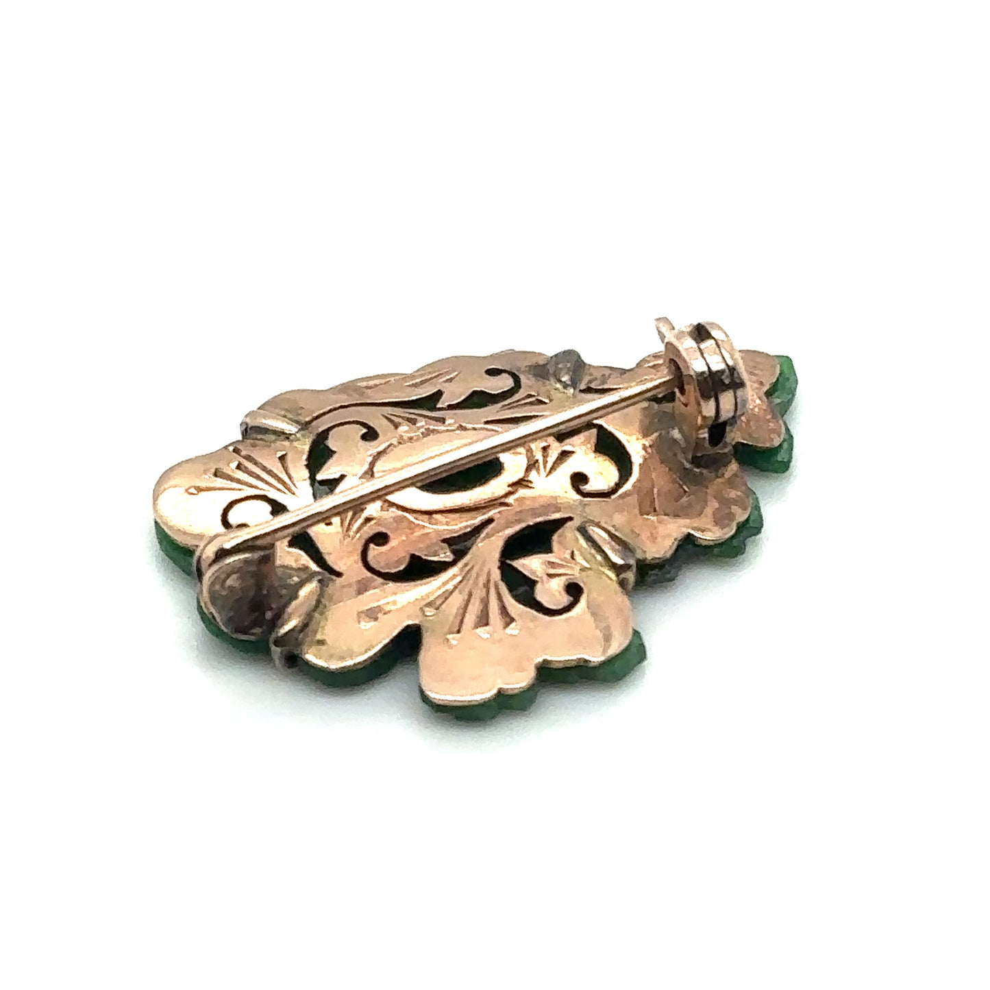 Victorian Era Asian Carved Green Jade Brooch in 14K Gold