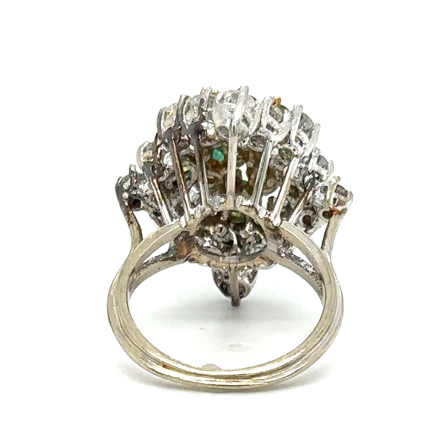 Circa 1950s Retro Emerald and Diamond Cocktail Ring in 14K White Gold