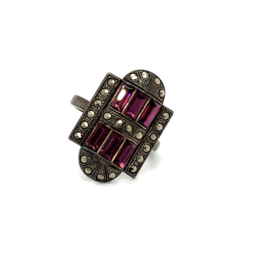 Art Deco Style Marcasite and Amethyst Ring in Sterling Silver