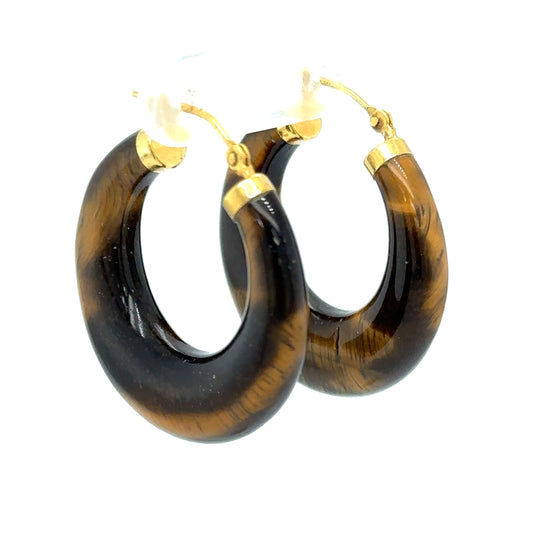 Circa 1950s Retro Tiger Eye Gemstone Hoop Earrings in 14K Gold