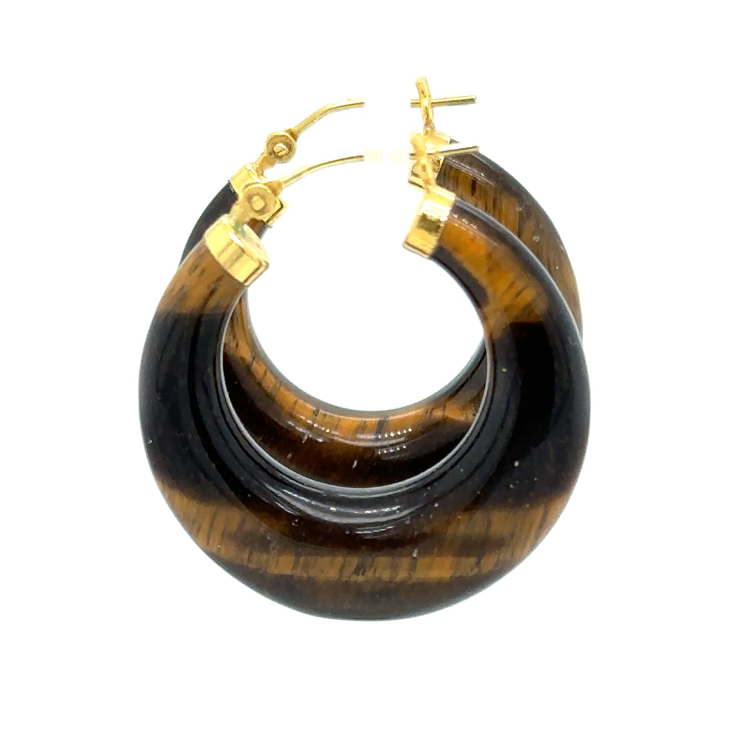 Circa 1950s Retro Tiger Eye Gemstone Hoop Earrings in 14K Gold
