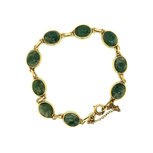 Circa 1960s Moss Agate Carved Scarab Link Bracelet in 14K Gold