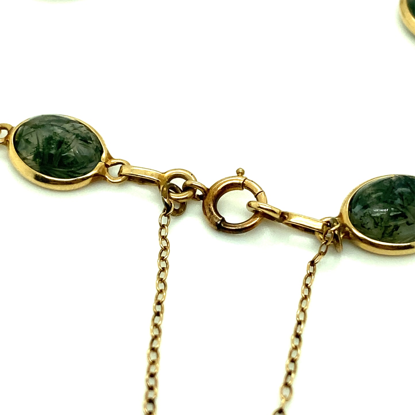 Circa 1960s Moss Agate Carved Scarab Link Bracelet in 14K Gold