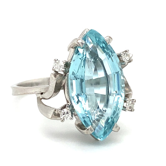 1950s Marquise Aquamarine and Diamond Cocktail Ring in 18K White Gold
