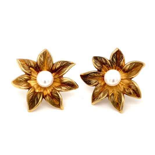 Circa 1990s Akoya Pearl Flower Earrings in 14K Gold