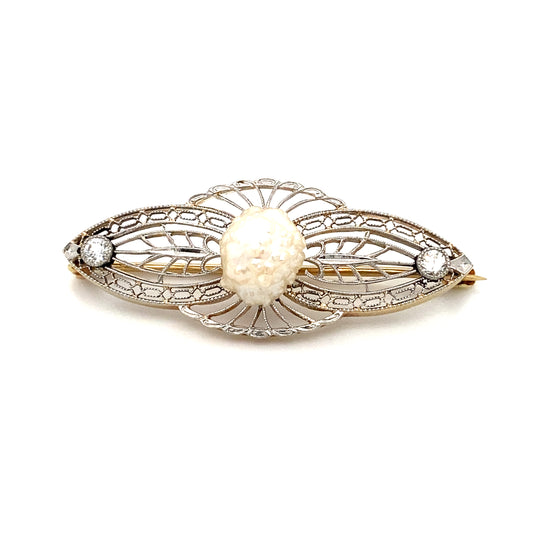 Circa 1910s Art Deco Cluster Pearl Filigree Brooch in 14K White Gold