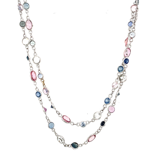 Circa 2000s Blue, White and Pink Sapphire Station Chain in 18K White Gold