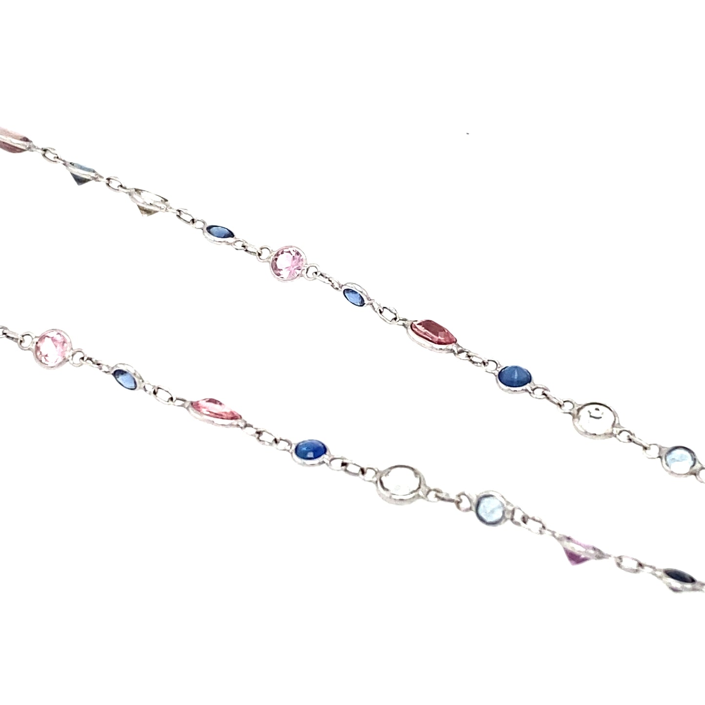 Circa 2000s Blue, White and Pink Sapphire Station Chain in 18K White Gold