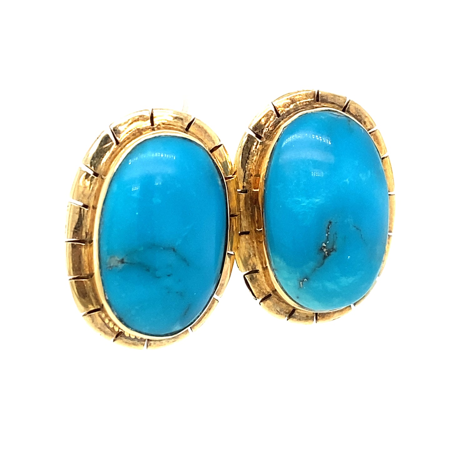 Circa 1960s Retro Oval Turquoise Earrings in 14K Gold