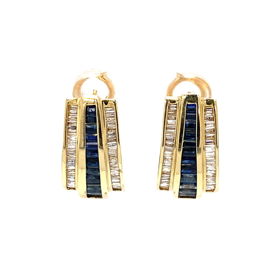 Circa 1950s Baguette Sapphire and Diamond J Hoop Earrings in 14K Gold