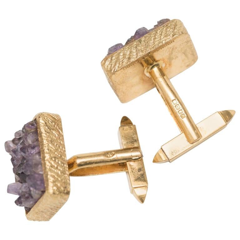 1990s Alfred Dunhill London 18K Yellow Gold & Amethyst Cufflinks