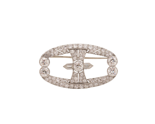 1920s Platinum Art Deco Geometric Old European Diamond Brooch