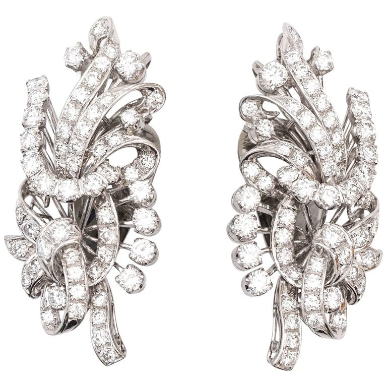 1950s Platinum & Diamond Floral Drop Earrings