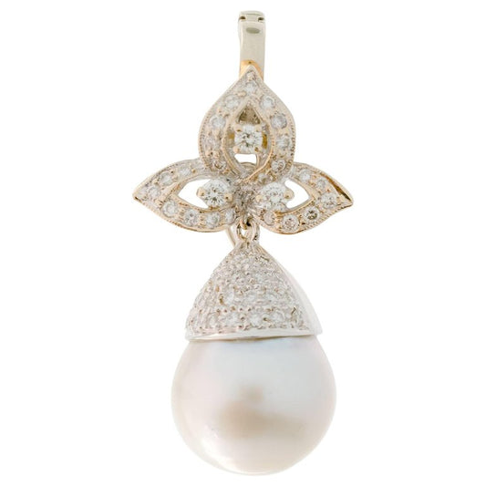 1980s 14K White Gold, Pearl & Diamond Pendant