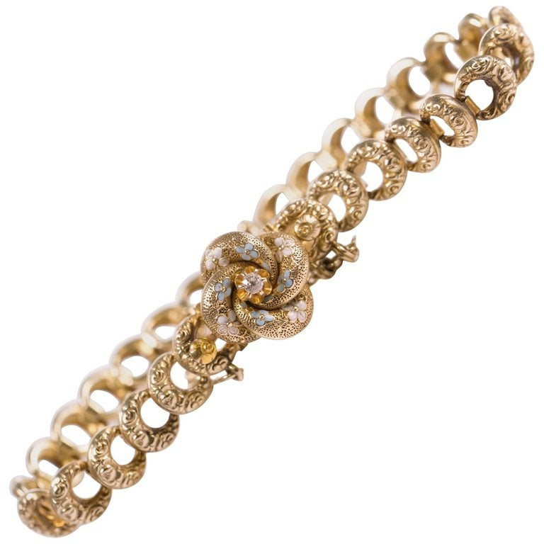 1897 Victorian 14K Yellow Gold & Diamond Crescent Link Bracelet