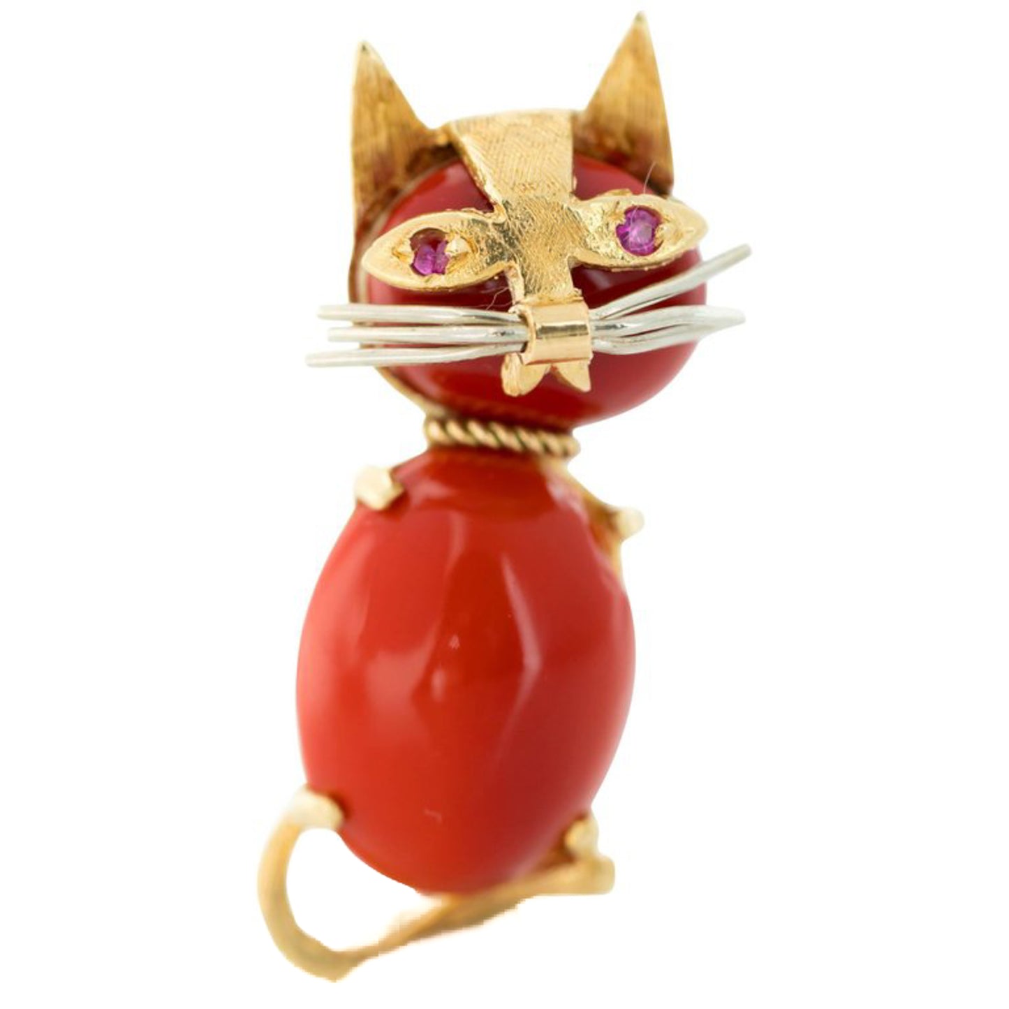 1960s 18K Gold, Coral, Ruby Cat Pin