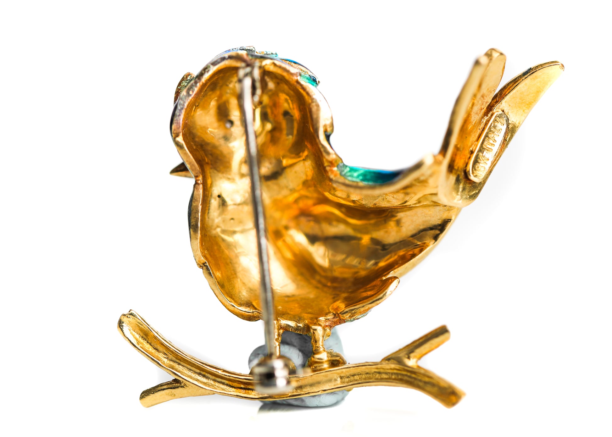 Vintage Solid 14K Yellow Gold Brooch Pin Pair Bird Sitting on Branch Multi  Gem